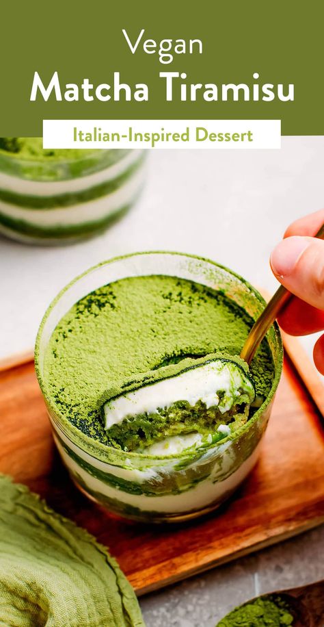 Vegan Matcha Tiramisu - Full of Plants Matcha Tiramisu Recipe, Matcha Vegan, Silken Tofu Recipes, Matcha Tiramisu, Matcha Pudding, Vegan Tiramisu, Matcha Dessert, Matcha Cake, Matcha Recipe