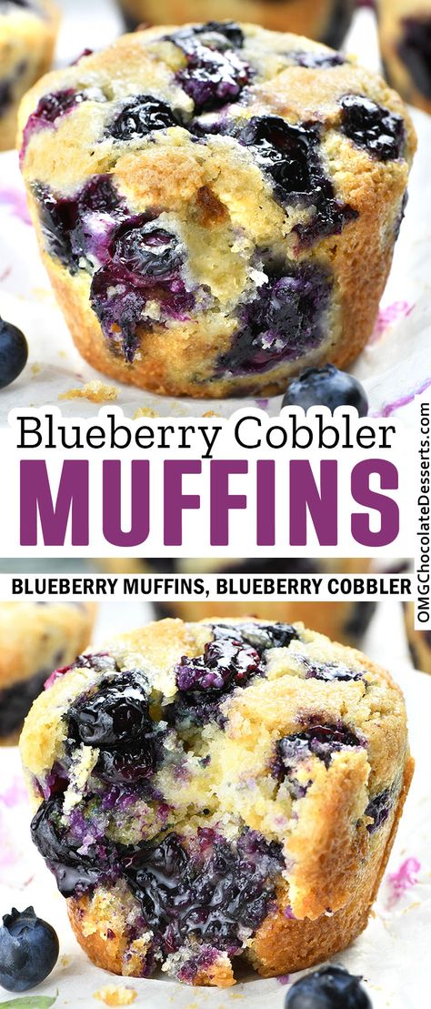 Blueberry Cobbler Muffins ar soft muffins filled with fresh berries, taste just like one of your favorite desserts-blueberry cobbler, but in individual portions. #blueberry #cobbler #muffins Blueberry Pie Muffins, Cobbler Muffins, Snack Quick, Muffins Blueberry, Best Blueberry Muffins, Blueberry Pie Filling, Berry Muffins, Lemon Blueberry Muffins, Blue Berries