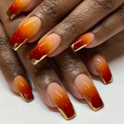 Ghana Inspired Nails, Dune Nail Art, Orange Gel X Nails, Orange Cute Nails, Dune Inspired Nails, Fire Inspired Nails, Sun Set Nails, Sun Inspired Nails, Oval Nails Designs For Fall