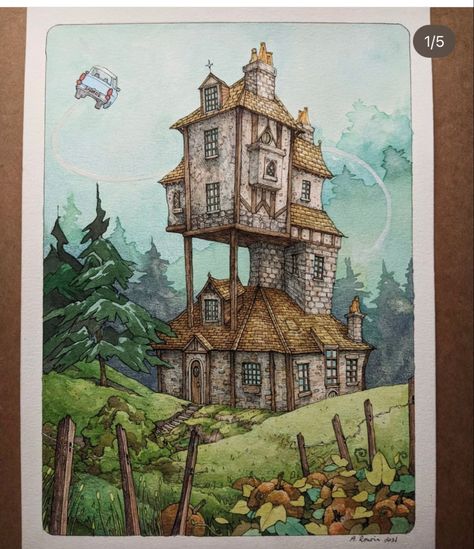 Summer School Art Projects, Watercolor Harry Potter, Summer School Art, Harry Potter Wall Art, Harry Potter Wall, The Burrow, Harry Potter Drawings, Harry Potter Christmas, Halloween Painting