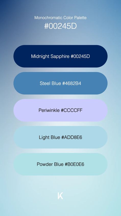 Monochromatic Color Palette Midnight Sapphire #00245D · Steel Blue #4682B4 · Periwinkle #CCCCFF · Light Blue #ADD8E6 · Powder Blue #B0E0E6 Silver Blue Color Palette, Sapphire Color Palette, Midnight Sapphire, Monochromatic Color Palette, Create Color Palette, Hex Color Palette, Blue Colour Palette, Sapphire Color, Live Colorfully