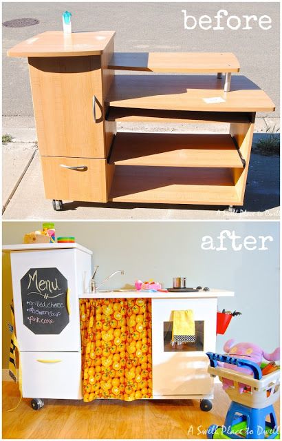 Hometalk | Old Desk Turned Play Kitchen Inside Fridge, Play Kitchens, Smart Tiles, Fridge Door, Diy Play Kitchen, Kids Kitchen, Play Kitchen, Upcycled Furniture, Kids' Room