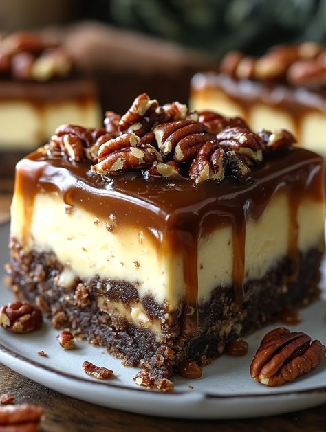 Caramel Pecan Turtle Cheesecake Bars - SavorySplash Best Desserts Of All Time, Turtle Cheesecake Topping, Gluten Free Turtle Cheesecake, Easy Turtle Cheesecake Recipes, Coffee Cheesecake Bars, Best Christmas Eve Desserts, Cheesecake Recipes Turtle, Turtle Cheesecake Recipe Easy, Easy Turtle Cheesecake