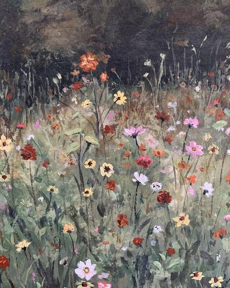 Monique Fedor on Instagram: "A little meadow of wildflowers ✨ This small painting is based off a gorgeous photograph by @nicpfr 🙌🏼 it’s like a real life version of the flower scene from alice in wonderland 🤤 A movie that’ll always be special to me. What are some childhood movies you hold dear ?? - acrylic on handmade paper by @feathersandstone" Wildflower Field Painting, Golden Afternoon, Wildflower Paintings, Arte Peculiar, Day Dreaming, Vintage Florals, Acrylic Painting Flowers, Floral Oil Paintings, Flower Art Images