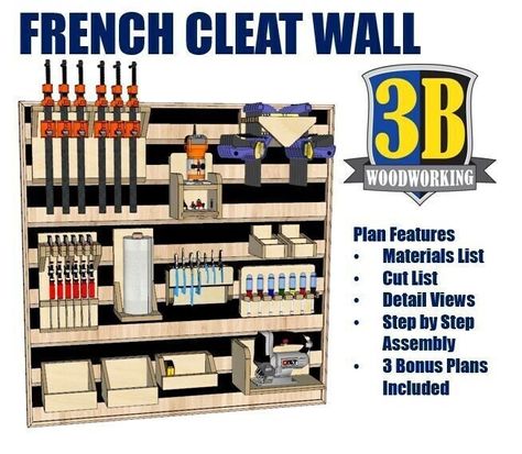 In this build plan I will walk you though building a 4' by 4' framed French cleat wall that is decorative, customizable, and functional. French cleats system is very versatile and allows you to move and readjust what you have mounted easily. Also having multiple stations of cleats around the shop allows you to easily move your tools in an organized way to another part of the shop to help maximize your workflow. Make sure to read through the entire plan before starting. We take pride in creating French Cleat Wall, Cleat Wall, Workbench Storage, French Cleat System, French Cleats, Table Saw Workbench, Tool Wall, Wand Organizer, Tape Storage