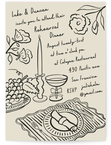 Hand drawn rehearsal dinner invitation featuring spring/summer place setting and script font Pizza Party Table Setting, Pizza Wedding, Hand Drawn Invitation, Hand Drawn Wedding Invitations, Italian Party, Summer Party Invitations, Dinner Party Invitations, Hand Drawn Wedding, Thanksgiving Invitation