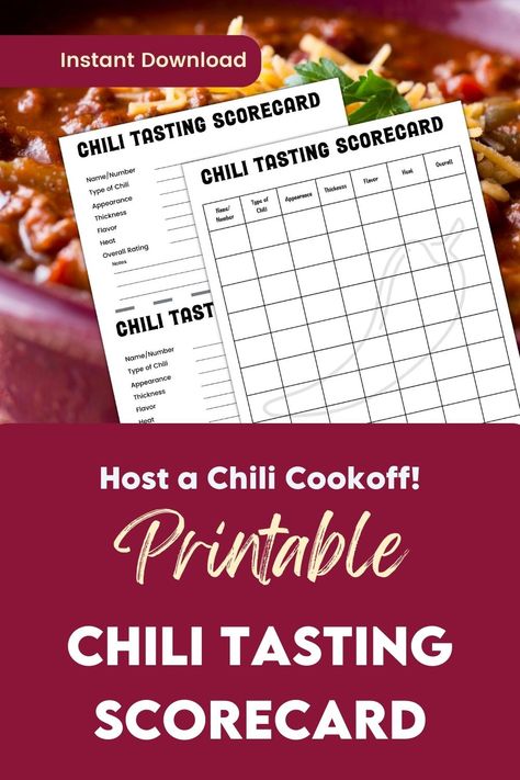 Pair of chili tasting scorecard printables with a background of a close-up of a bowl of chili Chili Cookoff Scorecards, Chili Cookoff Scorecards Free, Chili Cookoff Printables Free, How To Do A Chili Cookoff, Host A Chili Cookoff, Chili Cook Off, Fun Fall Activities, Cook Off, Food Tasting