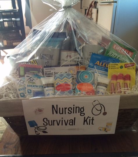 Nurse graduation gift basket! Everything a new nurse will need! Special nurse coffee mugs, wine, tissues, snacks, Chapstick, hand sanitizer and lotion, mini note pads, pens...and more! Nurse Graduation Gift Basket, Nursing Graduation Gift Ideas, Nursing Survival Kit, Emergency Nurses Week, Nurse Gift Baskets, Graduation Basket, Nurses Week Quotes, Graduation Gift Basket, Nursing School Graduation Party