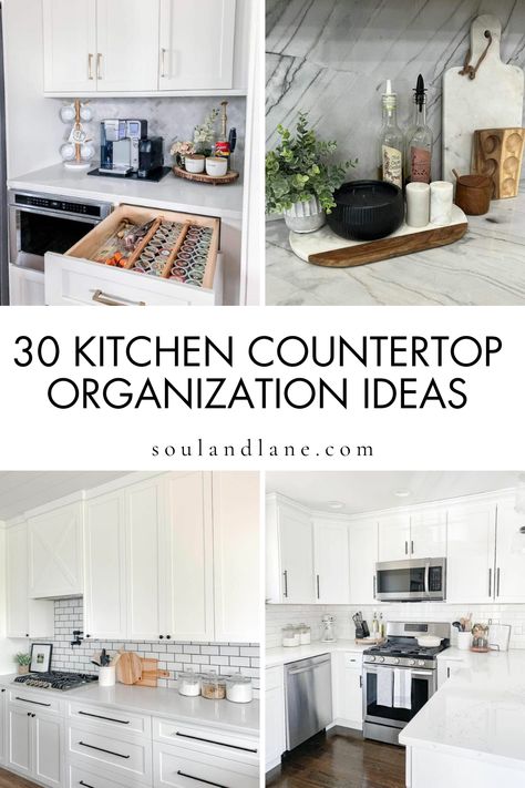 Learn how to use vertical storage solutions, like stackable shelves and hanging baskets, to free up valuable counter space. Whether you’re working with a spacious layout or a cozy kitchenette, these organization tips promise to create a tidy, welcoming space that enhances your cooking and dining experience. Transform your kitchen into a model of efficiency and style with countertop organization ideas that keep clutter at bay. Discover innovative ways to maximize space with sleek utensil holders, Counter Top Storage Ideas Kitchen, Kitchen Utensil Storage Countertop, Countertop Oven Storage, Kitchen Sink Counter Organization, Cozy Kitchenette, Countertop Silverware Storage, Kitchen Counter Storage Ideas, Organize Kitchen Countertops Walmart, Cooking Utensil Storage Countertops