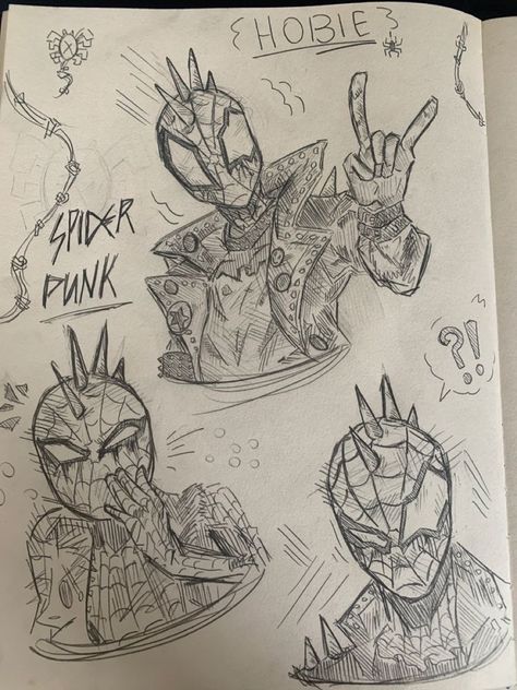 Hobie Drawing Spiderman, Punk Spiderman Sketch, Spiderman Drawing Hobie, Spider Man Atsv Drawing, Hobie Brown Spider Punk Drawing, Hobie Brown Draws, Hobie Brown Sketch Book, Spiderman Into The Spiderverse Sketch, Spiderman Punk Drawing