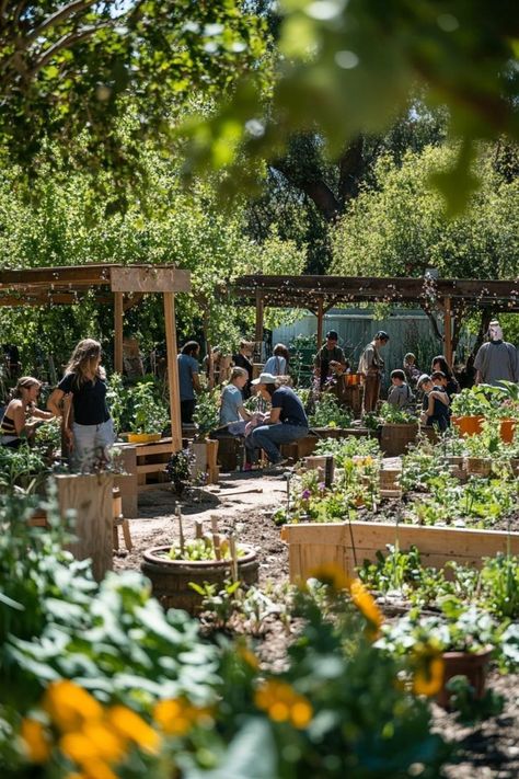 Green Neighborhood Design, Urban Gathering Space, Community Green Space, Community Living Space, Community Center Aesthetic, Community Garden Design Layout, Community Garden Aesthetic, Community Garden Architecture, Community Garden Design