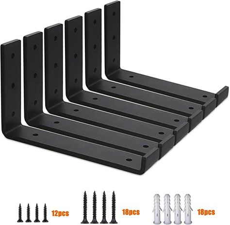 MLOQI Shelf Brackets Heavy Duty with Lip - 5mm Thick Antique L Shape Shelf Brackets, Industrial Scaffold Shelf Brackets Black 6 Pack (10"L x 6"H) : Amazon.co.uk: DIY & Tools Shelf Brackets Farmhouse, Diy Open Shelving, L Shaped Shelves, Pipe Shelf Brackets, Black Shelf Brackets, Metal Floating Shelves, Heavy Duty Shelf Brackets, Black Floating Shelves, Wall Shelf Brackets