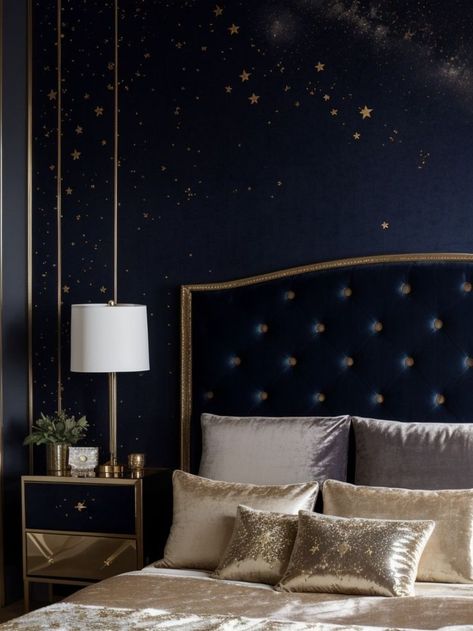 Create a dreamy nighttime aesthetic in your bedroom with a wallpaper featuring a starry night sky or a celestial pattern. Complete the look by incorporating popular items like a velvet tufted headboard and metallic accents for a touch of elegance. Dark Celestial Aesthetic Bedroom, Celestial Themed Bedroom, Night Court Aesthetic Room, Night Court Bedroom, Nighttime Aesthetic Wallpaper, Mystic Bedroom, Celestial Bedroom Aesthetic, Cosmic Room, Night Sky Bedroom