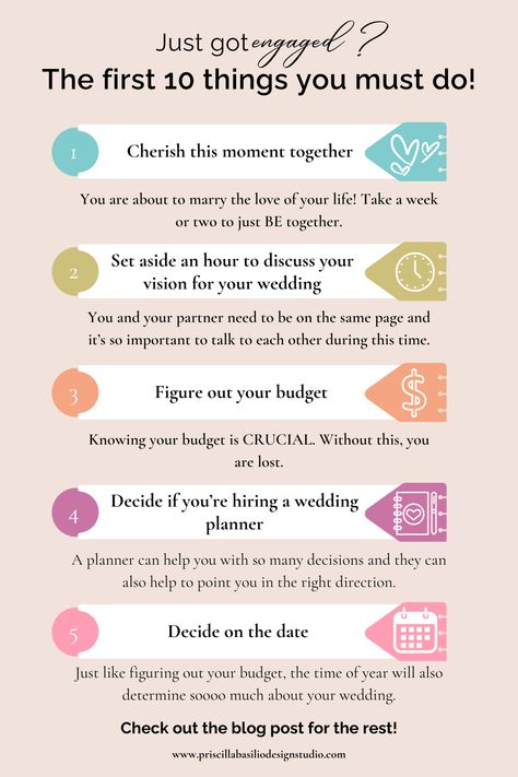 Feeling overwhelmed and confused about what to do after getting engaged? Wedding planning can be a lot. Check out our blog post for wedding planning tips like: the first 10 things you MUST do! Things To Do After Engagement, Engagement Checklist Things To Do, After Engagement What To Do, What To Do After Getting Engaged, What To Do After Engagement, Engagement Timeline, After Engagement, Destination Wedding Budget, Venue Business