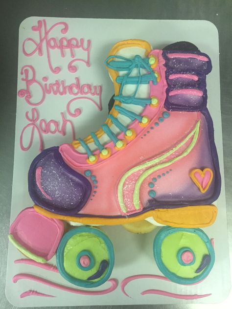 Roller Skating Cupcake Cake, Roller Skating Sheet Cake, Roller Skate Shaped Cake, Skate Cakes Ideas, Skate Cupcake Cake, Roller Skates Cupcakes, Roller Skate Sheet Cake, Skate Party Cupcakes, Skate Party Cake Ideas