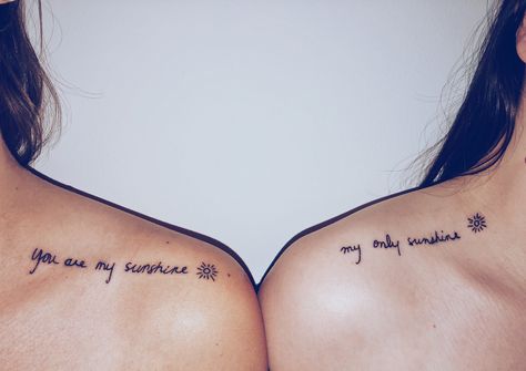 you are my sunshine tattoo You Are My Sunshine Tattoo Matching, Modern Sister Tattoos, Couple Twin Tattoo, Mom And Daughter Tattoos You Are My Sunshine, You Are My Sunshine Mom And Daughter Tattoo, Your My Sunshine Tattoo, Tattoo Ideas You Are My Sunshine, Tattoo Quotes For Best Friends, Sunshine Bear Tattoo