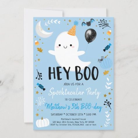 $3.15 | Hey Boo Blue Ghost Halloween Birthday Invitation | Halloween Birthday Invitations | halloween birthday invitations, halloween party invitations, ghost halloween invitation, ghost birthday invitation, halloween bash, spooktacular party, boo halloween birthday, hey boo birthday, blue ghost birthday invitation, boy halloween party Third Birthday Boys, Birthday Invitation Message, Two Spooky, Halloween 1st Birthdays, Blue Ghost, Spooky One, Blue Halloween, Halloween Birthday Invitations, Third Birthday Party