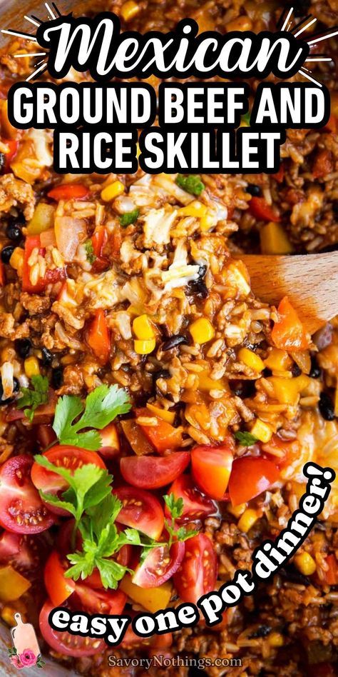 Need a super easy recipe for dinner tonight? My beef and rice skillet has you covered: One skillet, simple ingredients, 15 minutes of prep time… A keeper for sure! Mexican Food Recipes With Rice, Meals With Spanish Rice, Hamburger Rice Skillet, Easy Skillet Meals Healthy, Beef Skillet Recipes, Spanish Rice Dinner, Spanish Rice Recipe With Ground Beef, Meals To Make With Ground Beef, Mexican Beef And Rice Skillet