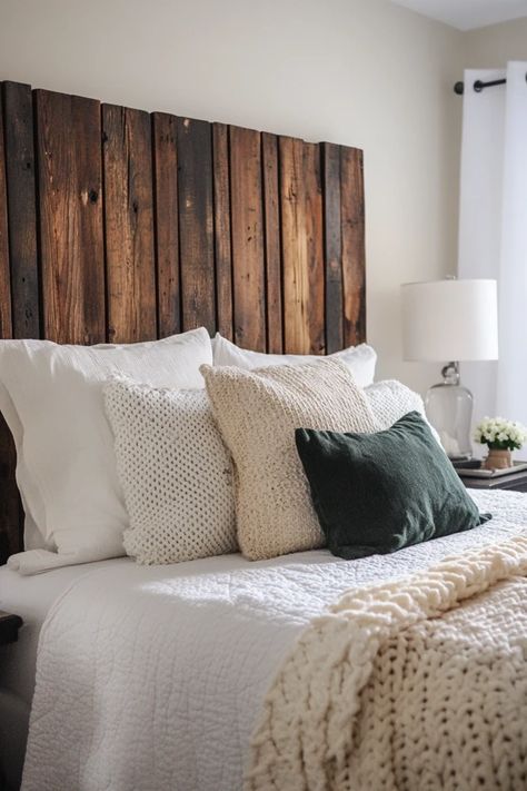 "Create a rustic retreat with a DIY Reclaimed Wood Headboard! 🛏️🛠️ Ideal for adding character and warmth to your sleep space. 🌟✨ #DIYFurniture #Woodworking #BedroomInspiration" Diy Headboard Rustic, Diy King Size Headboard Wood, Palet Headboard, Barnwood Headboard Diy, Palette Headboard, Fake Headboard Ideas, Fake Headboard, Barn Wood Headboard, Diy King Size Headboard