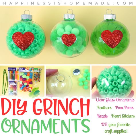 These fun Grinch Christmas Ornaments are super simple to make and are easy to customize using your favorite craft supplies! A quick and easy Christmas craft for kids! Grinch Craft For Toddlers, Grinch Christmas Balls Diy Ornaments, Grinch Ornament Craft, Grinch Diy Ornament, Easy Toddler Christmas Crafts, Grinch Ornaments Diy, Diy Grinch Ornaments, Grinch Christmas Ornaments, Grinch Craft