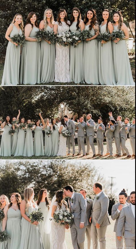 Maids- sage dresses with white shoes. Men- grey suits with white shirts and sage ties. Azazie Dusty Sage, Dusty Sage Bridesmaid Dresses, Sage Green Bridesmaid Dresses, Sage Wedding Colors, Grey Tux, Sage Green Bridesmaid, Sage Green Wedding Colors, Bridesmaid Dresses Dusty Sage, Sage Bridesmaid Dresses