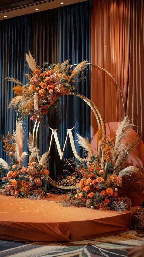 Wedding Colors Teal And Orange, Royal Wedding Centerpiece Ideas, African Wedding Centerpieces, Dark Teal And Rust Wedding, Royal Blue And Orange Wedding Theme, Sunset Wedding Theme Decoration, Navy Blue And Burnt Orange Wedding Cake, Copper Centerpiece Wedding, American Traditional Wedding