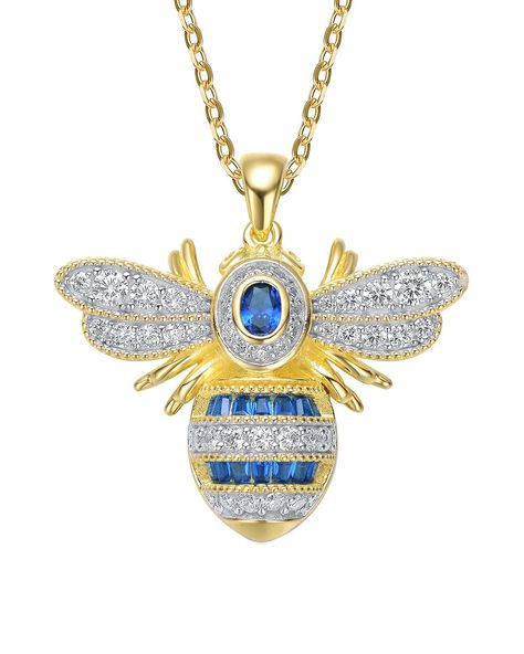 Genevive 14K Over Silver CZ Wasp Pendant Necklace / Gilt Bee Pendant, Necklace Online, Wasp, Watch Necklace, Gold Plated Sterling Silver, Spring Rings, Luxury Jewelry, Blue Sapphire, Womens Jewelry Necklace