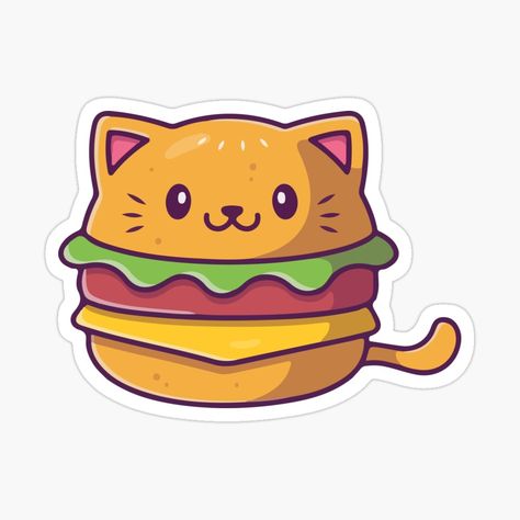 Cat Burger, Burger Sticker, Burger Drawing, Hand Card, Chef Cats, Cat Problems, Pizza Cat, Funny Sticker, Delicious Burgers