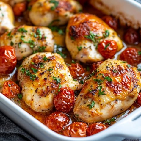 Savory Garlic Tomato Chicken Bake with Mozzarella Garlic Tomato Baked Chicken, Chicken Asparagus Cherry Tomatoes, Roasted Tomato Dishes, Chicken With Tomatoes Recipes, Tomato Baked Chicken, Gd Recipes, Tomato Bites, Roasted Tomato Chicken, Chicken Recipes With Tomatoes