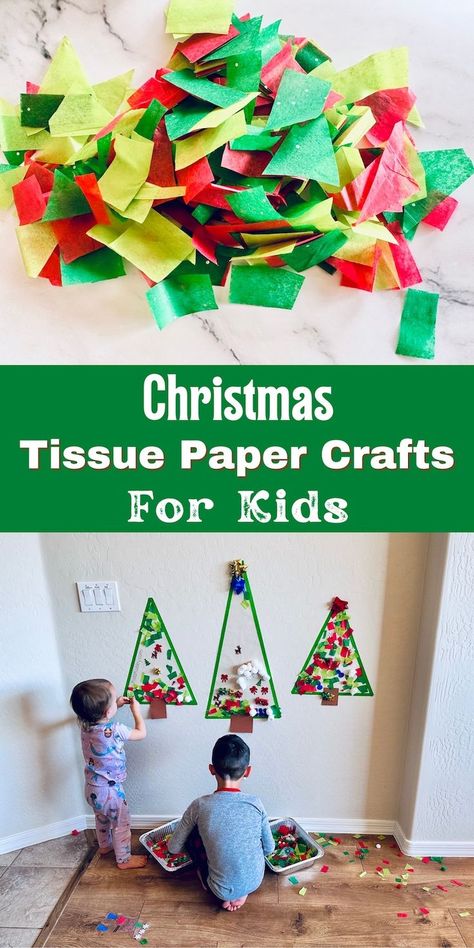 Contact paper crafts are simple to set up and endless fun for kids of all ages. Make easy Christmas decorations using contact paper and tissue paper. Your kids will love it! Make these into stain glass decorations for your windows! So cheap and simple. Christmas Craft Tissue Paper, Christmas Project For Toddler, Kids Xmas Decorations, Christmas Craft Two Year Old, Tissue Paper Trees Christmas, Christmas Tiles Crafts For Kids, Contact Paper Christmas Tree, Contact Paper Crafts For Toddlers, Christmas Cards Preschoolers Can Make