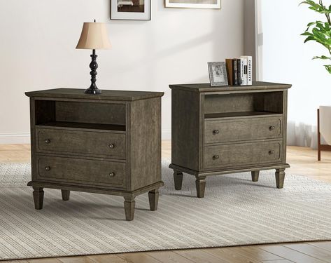 Amazon.com: HULALA HOME Nightstand with Charging Station, Transitional End Table with USB Ports & Outlets, Fluted Pilasters Design Wood 2 Drawers Side Table with Open Space Dresser for Bedroom,Walnut : Home & Kitchen Unique Bedside Table Ideas, Unique Bedside Table, Transitional End Tables, Organize Your Room, Bedside Table Ideas, 2 Drawer Dresser, Unique Handles, Farmhouse End Table, Bedside Table Set