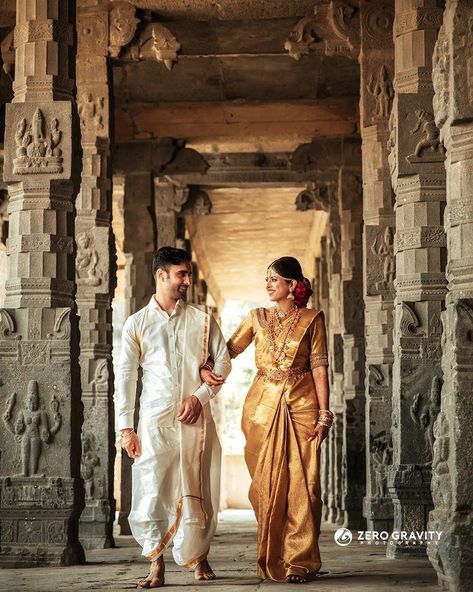 Tamil Temple Wedding, Telugu Wedding Couple Poses, Telugu Groom Outfit, Tamil Groom Outfit, Telugu Groom Wedding Dress, Hampi Photoshoot, Temple Wedding Indian, Wedding Entry Ideas, Telugu Wedding Photography