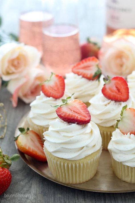 Cupcakes With Strawberry On Top, Strawberry And Vanilla Cupcakes, Strawberry Topped Cupcakes, Strawberry Wedding Cupcakes, Strawberry Rose Cupcakes, Cupcake With Strawberry On Top, Strawberry Cupcake Aesthetic, Vanilla Strawberry Cupcakes, Strawberry Cupcake Decorating Ideas