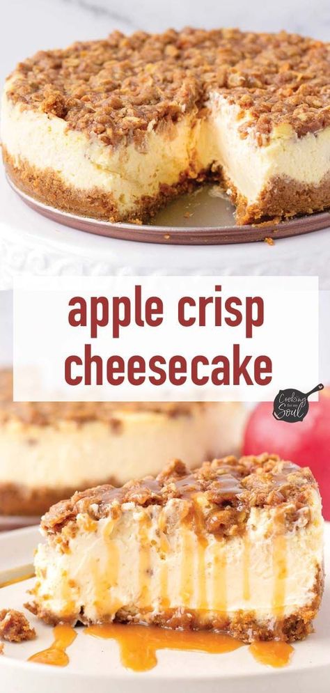 Halloween Apple Crisp, East Fall Recipes, Keto Apple Cheesecake, Cream Cheese Apple Crisp, Apple Cheesecake Crumble, No Bake Apple Crisp Cheesecake, Cheesecake Apple Crisp, Apple Spice Cheesecake, Apple Cheesecake Bread