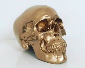 Custom Handmade Skull Decor by HausoSkulls on Etsy Goth Objects, Handmade Skulls, Acrylic Spray Paint, Plaster Of Paris, Small Skull, Gold Home Decor, Gold Skull, Sugar Skull Art, Moustaches