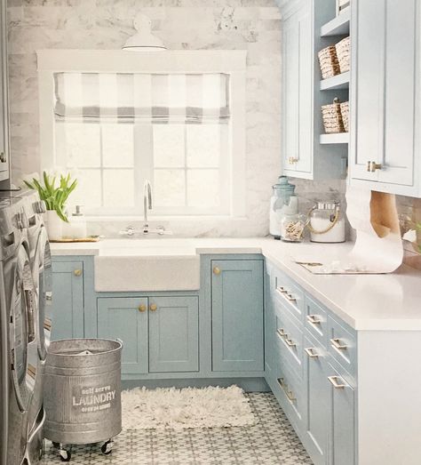 Penney & Company on Instagram: “Check out this oh-so-pretty laundry room by @jillian.harris in the latest issue of @styleathome magazine. As someone who has a blue painted…” Laundry Room Storage Shelves, White Laundry Rooms, Small Laundry Room Organization, Jillian Harris, Farmhouse Laundry Room, Laundry Room Inspiration, Laundry Room Remodel, Laundry Decor, Small Laundry Rooms