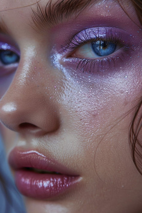 Purple Watercolor Wash Eyeshadow Ideas For Purple Purple Avant Garde Makeup, Lavender Haze Makeup Look, Purple Monochromatic Makeup, Iridescent Makeup Looks, Purple Fairy Makeup, Lilac Eyes, Insane Makeup, Violet Eyeshadow, Cosmic Makeup