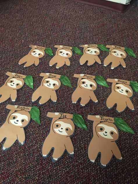 Sloth Door Dec Ideas for College Residence Halls Sloth Decorating Ideas, Sloth Door Decorations Classroom, Sloth Bulletin Board Ideas, Door Decs For Ra, Door Dec Ideas College, Door Deck Ideas Dorm, Dorm Door Decorations College Ra, Sloth Classroom Decor, College Door Tags