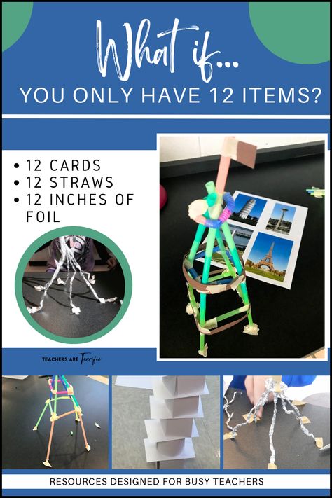 STEM Challenge- students use a main building materials in a quantity of only 12. Twelve straws, or 12 cards, or 12 inches of foil. They must build the tallest tower possible. Index Card Tower Challenge, Easy Stem Activities Elementary, Straw Activities, Thanksgiving Stem, Easy Stem, Art Docent, Steam Challenges, Steam Ideas, Stem Classes