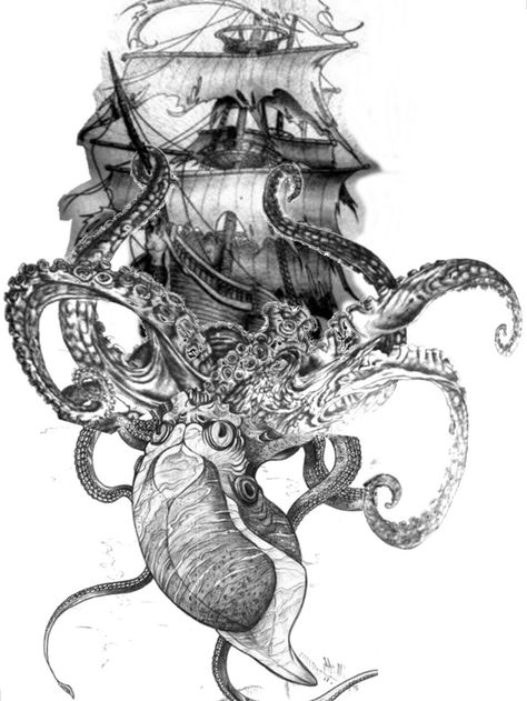 Ship Tattoo Sleeves, Pirate Ship Tattoos, Nautical Tattoo Sleeve, Octopus Tattoo Sleeve, Pirate Ship Tattoo, Kraken Tattoo, Kraken Art, Poseidon Tattoo, Octopus Tattoo Design