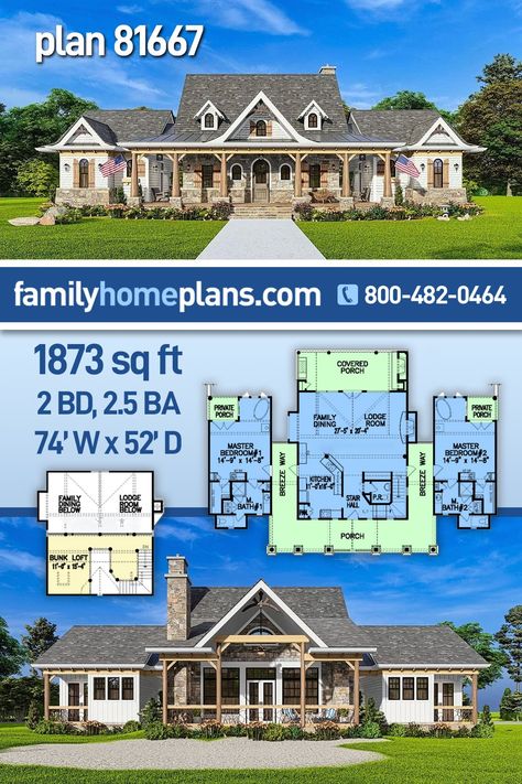 Vacation House Plan With Two Master Suites House Plan Two Master Suites, Dual Master Suite House Plans, Stone Skirting, Two Master Suites, Cedar Shingle, Cabin Plan, Vacation House Plans, Ranch Style House, Porch Columns