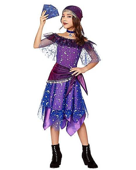 Halloween Costumes Kids Girls Age 10, Fortune Teller Costume Diy, Aurora Halloween, Halloween Dresses For Girls, Fortune Teller Costume, Halloween Kids Costumes Girls, Iridescent Fabric, Glitter Pattern, Miss Fortune