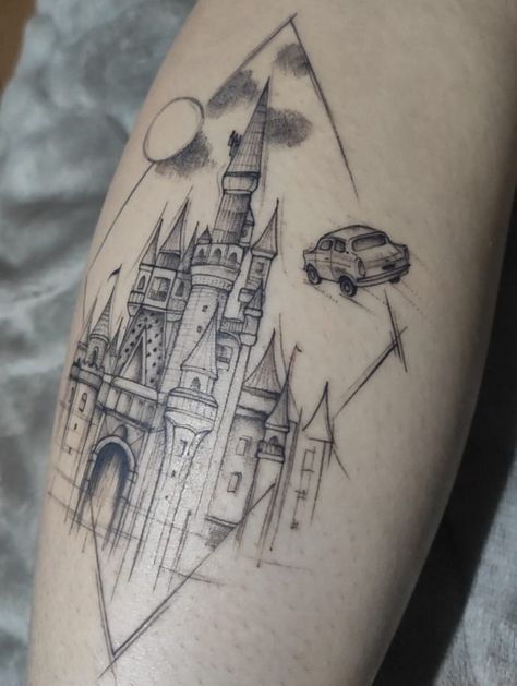 Hogwarts Silhouette Tattoo, Obscure Harry Potter Tattoos, Castel Tattoos, Hogwarts Is My Home Tattoo, Harry Potter Star Wars Tattoo, Big Harry Potter Tattoo, Harry Potter Sleeve Tattoo For Women, Hogwarts Tattoos, Harry Potter Castle Tattoo