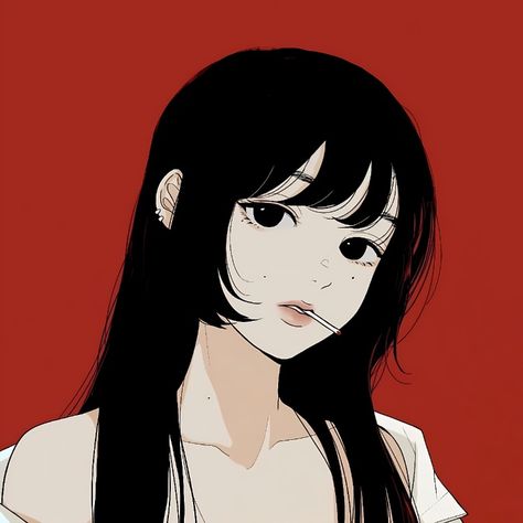 artist insta: eunjin____7 Black Hair, Bangs, Red, Anime, Hair, White, Black, Art