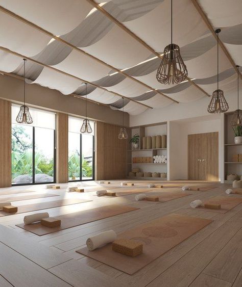 Modern Yoga Studio Interior, Yoga Interior Design Studios, Yoga Place Design, Meditation Interior Design, Luxury Yoga Studio, Gym Studio Design, Meditation Studio Design, Yoga Architecture, Yoga Studio Design Interiors