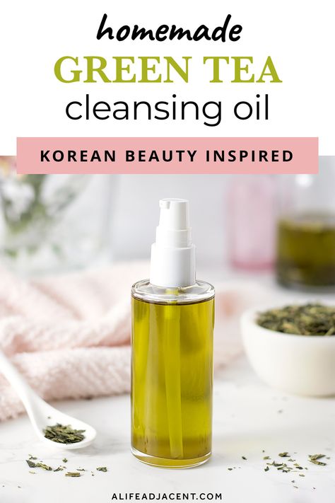 Learn how to make a green tea DIY cleansing oil inspired by Korean skincare! This homemade oil cleanser is a moisturizing face wash and makeup remover, and it's so easy to make! It contains only 3 simple ingredients: green tea infused oil, green tea wax and a natural emulsifier called CreamMaker FLUID for a clean rinse off. Make your own Korean beauty inspired skin care products at home with this easy recipe. Perfect for your natural skincare routine. #alifeadjacent #diybeauty #diyskincare How To Make Your Own Face Cleanser, Korean Natural Skincare, Diy Korean Skincare Recipes, Homemade Cleanser For Face, Oil Cleanser For Dry Skin, Oil Cleanser Recipe, Diy Cleansing Oil, Diy Oil Cleanser, Bathing Culture