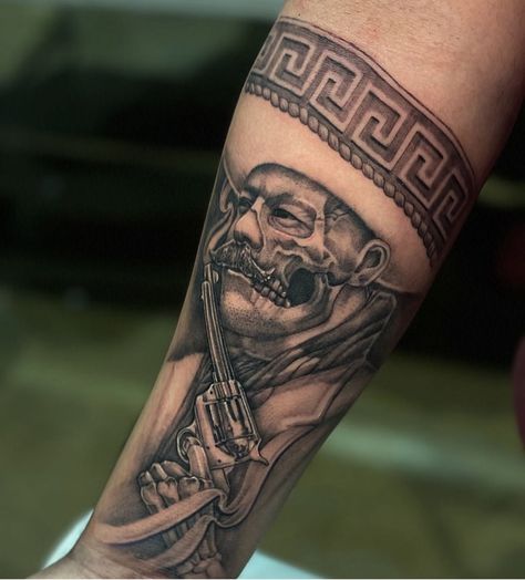 Judge Tattoo, Zapata Tattoo, Mexican Mariachi Tattoo, Mexican Bandit Tattoo, Mexican Gunslinger Tattoo, Latin Kings Tattoos, Mexican Tattoo Ideas For Men, Skeleton Mariachi Tattoo, Aztec Tattoo Mexican