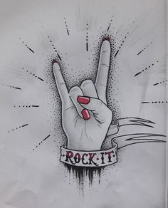 Rock N Roll Drawings, Rock And Roll Hand Tattoo, Drawing Ideas Rock N Roll, Rock And Roll Tattoo Ideas, Rocknroll Tattoo Ideas, Rock N Roll Hand Drawing, Rock And Roll Tattoo, Rock N Roll Tattoo, Rock Tattoo