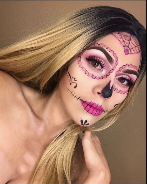 Pink Day Of The Dead Makeup, Catrina Makeup Simple, Catrina Kids Makeup, Pink Sugar Skull Makeup, Simple Katrina Makeup, Pink Skull Makeup, Pink Catrina Makeup, Half Sugar Skull Makeup, Pink Dia De Los Muertos Makeup Ideas