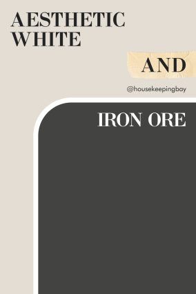 Aesthetic White SW 7035 and Iron Ore SW 7069 Iron Ore Color Palette Accent Wall, Eider White And Iron Ore, Sherwin Iron Ore, Sw Iron Ore Exterior, Iron Ore Complimentary Colors, Iron Ore Coordinating Colors, Iron Ore Trim, Iron Ore Color Palette, Eider White